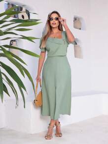 Viscose Twill Skirt And Blouse Set: Short-Sleeved Blouse With Boat Neckline, Flared Midi Skirt With Pockets And Front Slit - 薄荷綠 - 查看 4