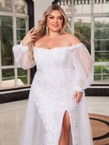 大码白色 3/4 袖亮片开衩雪纺婚纱，优雅长袖新娘礼服 - 白色 - 查看 6