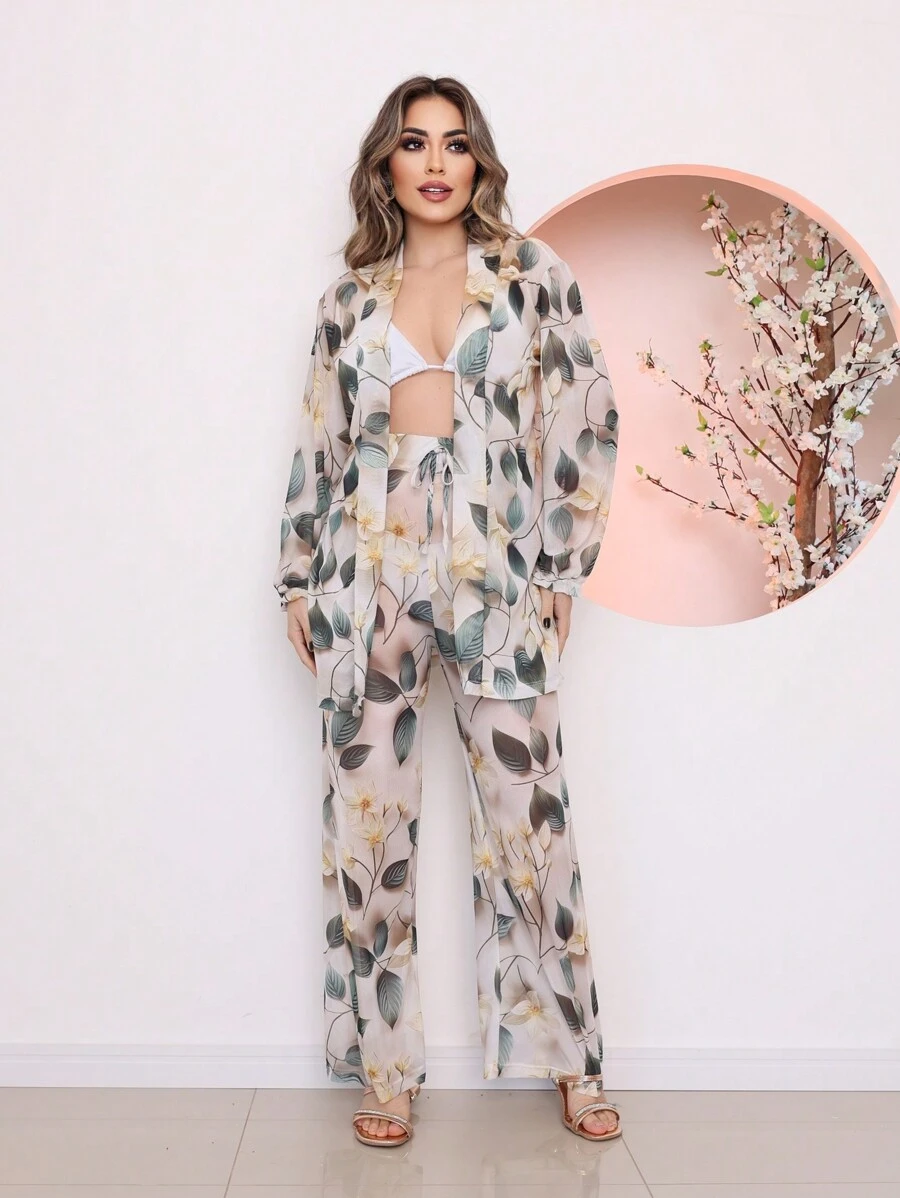 Printed Tulle Beach Cover-Up Shirt And Pants Set - Beige - View 1