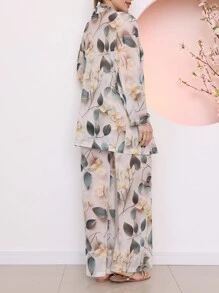 Printed Tulle Beach Cover-Up Shirt And Pants Set - Beige - View 4