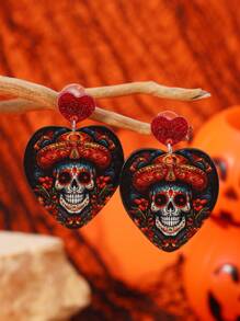 1 par de pendientes colgantes de calavera y corazón exagerados, divertidos y creativos para Halloween - Multicolor - Ver 13