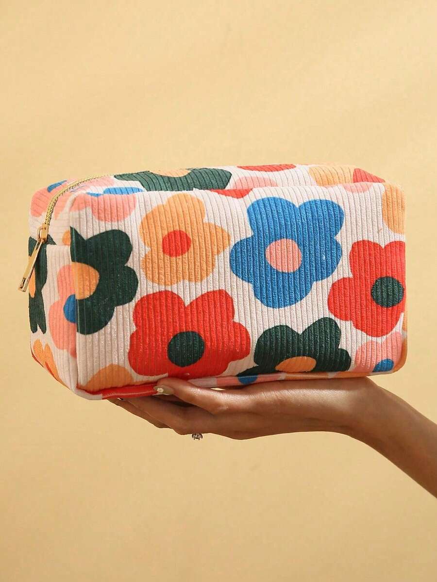 1 Túi đựng mỹ phẩm vải nhung kẻ thời trang dung tích lớn, in họa tiết, túi đựng đồ du lịch di động, túi đựng mỹ phẩm vải nhung kẻ để đựng các sản phẩm chăm sóc da, son môi, phụ kiện tóc hoặc làm vật dụng cần thiết khi đi du lịch, quà tặng sinh nhật, quà tặng phù dâu - Nhiều màu - Xem 1