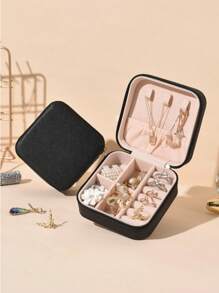 1pc Portable Jewelry Storage Box, Travel Earring Necklace Ring Organizer, Minimalist Jewelry Case - Black - View 15