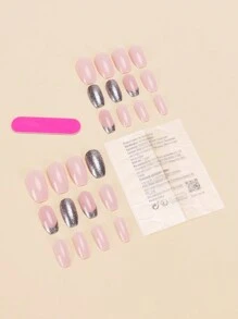 即時提升造型，24入組短棺材形狀按壓式美甲，搭配粉紅珍珠閃爍閃粉，歐式風格。完整套裝包括1支果凍膠和1把美甲文件。適合聚會、跳舞和日常穿著。 - 彩色 - 查看 2