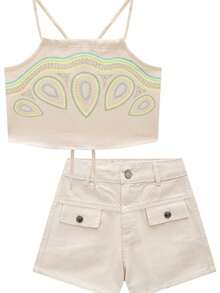 Cropped Top + Shorts Set Twill Girl Texpa Vic & Vick Mini Diva Fashion Summer Comfortable Warm Youth - Màu be - Xem 2