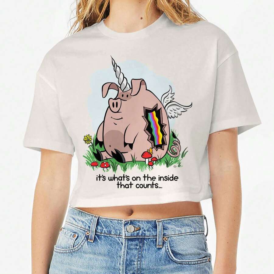 Camiseta corta de algodón para mujer con gráfico "Casi allí, haciendo tocino" - Blanco - Ver 1