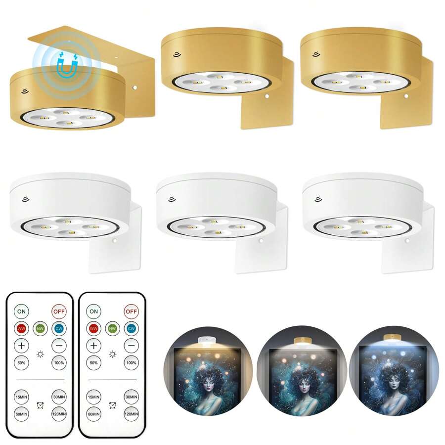 6Pcs Picture Light Battery Operated, Wireless Led Painting Light With Remote Dimmable And Timer, 3 Lighting Modes Art Display Light For Picture Frame Artworking Portrait, Wall Decorative Puck Lights(Gold And White) - ánh sáng trắng - Xem 1