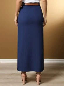 WE STORE Two-Tone Linen Long Skirt With Black Belt/The Fabric Is Better Than Tailoring//Slits On Both Sides/Button Details/Casual/Trend/Look/Everyday/Summer/Elegant/Casual/Stylish/Collection 2024 - 藏蓝色 - 查看 2