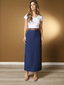WE STORE Two-Tone Linen Long Skirt With Black Belt/The Fabric Is Better Than Tailoring//Slits On Both Sides/Button Details/Casual/Trend/Look/Everyday/Summer/Elegant/Casual/Stylish/Collection 2024 - 藏蓝色 - 查看 5