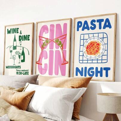 1pc/3pcs Set Minimalist Wine Red Canvas Wall Art, Vintage Wine Poster, Pasta Night Food Painting, Bar Cart Wall Decor, Suitable For Bedroom, Living Room, Corridor, Dining Room, Home Decor, Summer Decor, Frameless Gift, Birthday, Graduation, Kitchen Decor