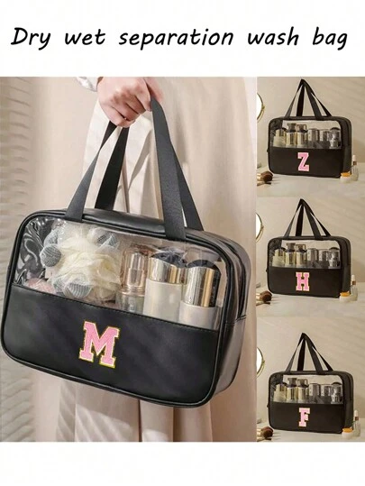 1 件时尚新款方形纯色 PU&PVC 皮革面料，带花卉字母印花，防水拉链上衣和女士化妆包，配有背带设计，适合大学生度假旅行上学沙滩包沙滩必需品沙滩巾收纳袋沙滩配件夏季沙滩用品（粉色）返校用品