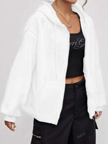 Casual Loose Zip Up Dropped Shoulder Drawstring Lined Hoodie Sweatshirt For Women