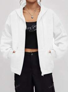 Casual Loose Zip Up Dropped Shoulder Drawstring Lined Hoodie Sweatshirt For Women
