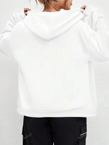 Casual Loose Zip Up Dropped Shoulder Drawstring Lined Hoodie Sweatshirt For Women