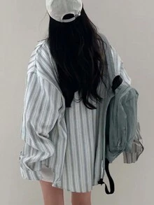 休闲宽松条纹衬衫长袖百搭夹克 - 藍色 - 查看 5