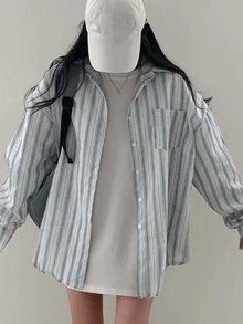 休闲宽松条纹衬衫长袖百搭夹克 - 藍色 - 查看 2