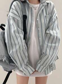 休闲宽松条纹衬衫长袖百搭夹克 - 藍色 - 查看 1