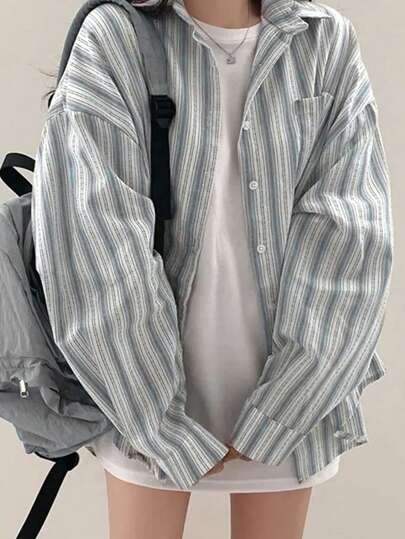 休闲宽松条纹衬衫长袖百搭夹克