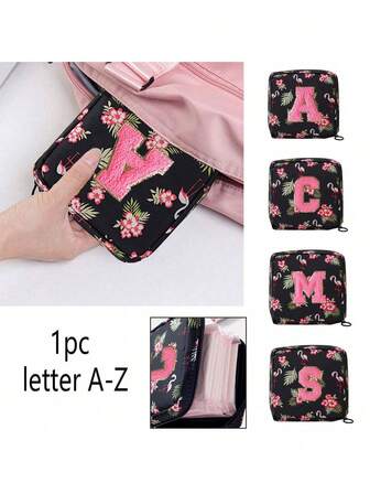 1 件便携式卫生巾收纳袋 - 大容量防水卡通设计 - 适合月经期女孩！防水化妆品旅行包、零钱包、少女现金包、火烈鸟图案配毛巾刺绣字母，26 种不同字母供您选择