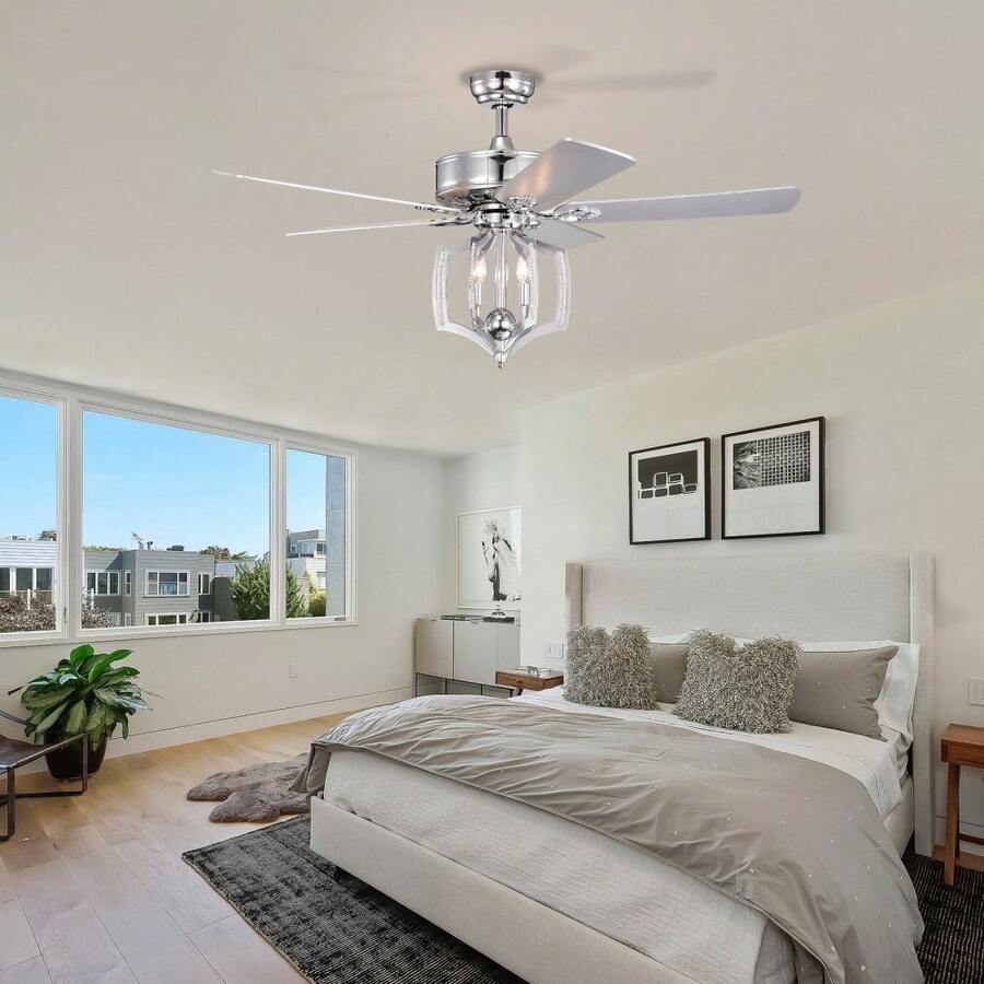Ceiling Fan, Crystal Chandelier Fan, Reversible Motor, Timer, Polished Chrome (Bulb Not Included) And Remote Control 52-Inch Bedroom Ceiling Fan With Lights