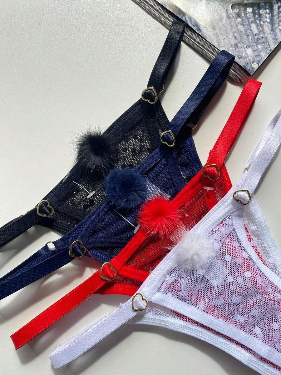 On Skin Fashion Sexy Luxury Polka Dot Pompom Thong Panties - 紅色 - 查看 1