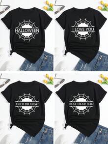 定制图案印花宽松舒适圆领短袖女士 T 恤、万圣节服装、个性化您的文字/姓名、女式上衣、黑色上衣 - 黑色 - 查看 2