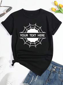 定制图案印花宽松舒适圆领短袖女士 T 恤、万圣节服装、个性化您的文字/姓名、女式上衣、黑色上衣 - 黑色 - 查看 1