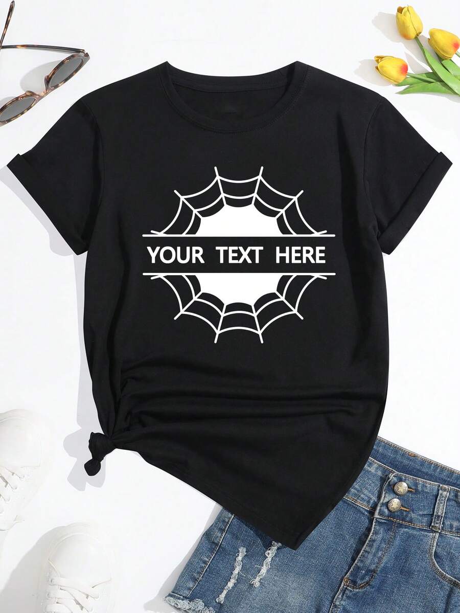 定制图案印花宽松舒适圆领短袖女士 T 恤、万圣节服装、个性化您的文字/姓名、女式上衣、黑色上衣 - 黑色 - 查看 1