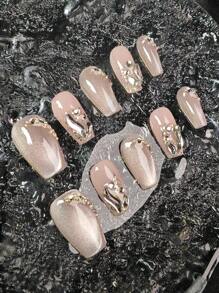 10 szt. słodkich i luksusowych, ręcznie robionych, francuskich nakładek na paznokcie, krótki trapezowy kształt, błyszczące kocie oko ombre, dekoracja 3D, pełne tipsy, odpowiednie na święta i do codziennego użytku, zawiera 1 pilnik do paznokci, 1 obcinacz do paznokci, 1 zestaw żelowy do paznokci