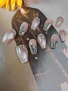 10 szt. słodkich i luksusowych, ręcznie robionych, francuskich nakładek na paznokcie, krótki trapezowy kształt, błyszczące kocie oko ombre, dekoracja 3D, pełne tipsy, odpowiednie na święta i do codziennego użytku, zawiera 1 pilnik do paznokci, 1 obcinacz do paznokci, 1 zestaw żelowy do paznokci