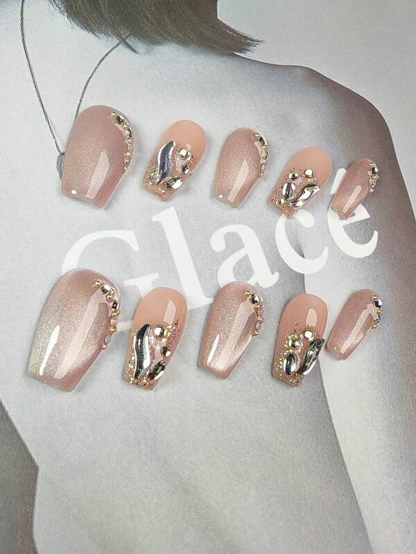 10 szt. słodkich i luksusowych, ręcznie robionych, francuskich nakładek na paznokcie, krótki trapezowy kształt, błyszczące kocie oko ombre, dekoracja 3D, pełne tipsy, odpowiednie na święta i do codziennego użytku, zawiera 1 pilnik do paznokci, 1 obcinacz do paznokci, 1 zestaw żelowy do paznokci