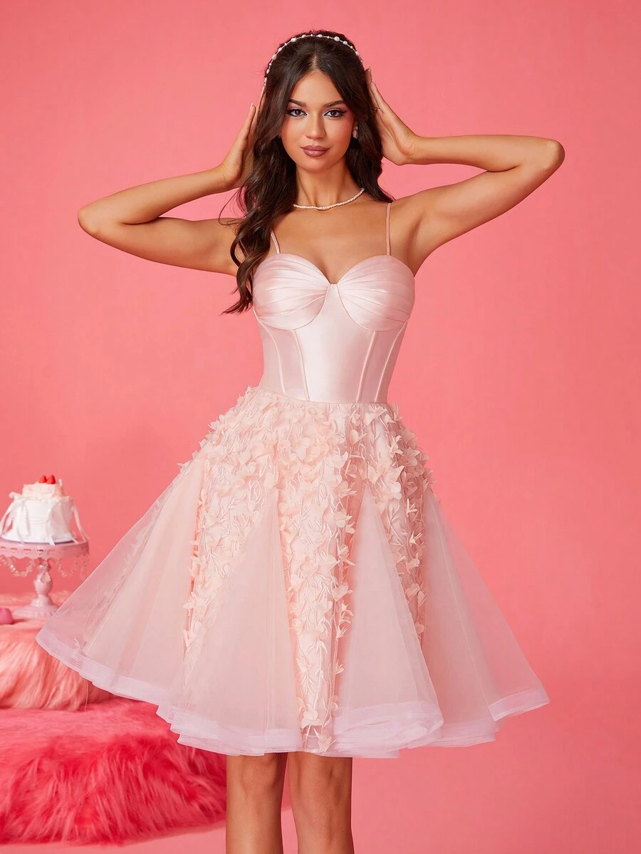 浪漫优雅的粉色细肩带花卉刺绣薄纱短裙，优雅派对礼服，女士舞会礼服半正式婚礼宾客礼服，适合生日、毕业典礼、返校节 - 粉色 - 查看 1