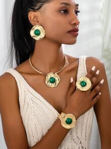 2024新款欧美时尚优雅复古金属质感项链耳环戒指手链套装，1件/1套，夸张个性网红街头风拍摄领项链通勤高级感合金创意夸张金属优雅几何项链首饰女款 - 首飾套裝 - 查看 23