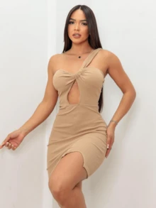 Women's Short Dress With One Strap And Ribbed Wrap - 米色 - 查看 9