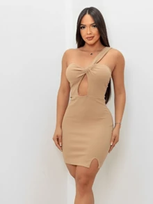 Women's Short Dress With One Strap And Ribbed Wrap - 米色 - 查看 3
