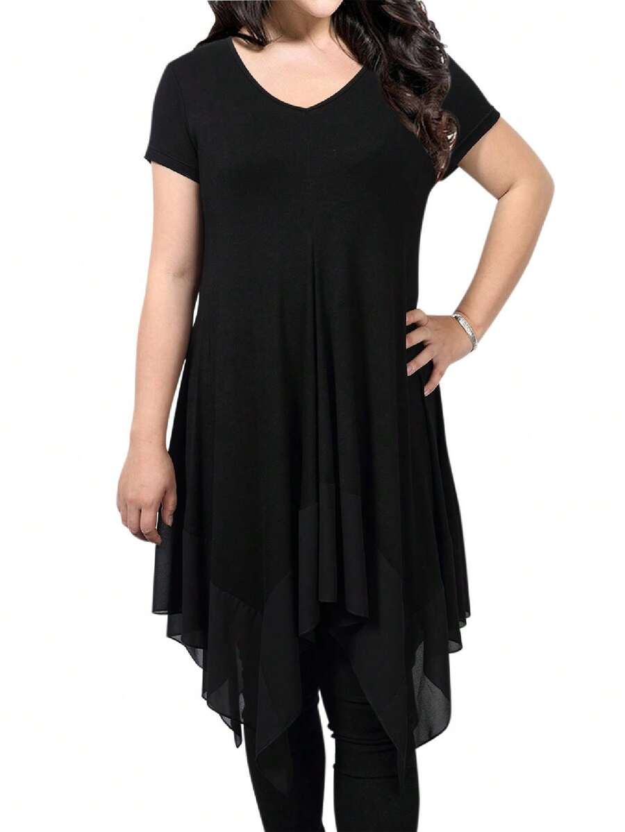 Lxt--Lxt-Plus Size Tops Women IIrregularly Spliced Short-Sleeved Mid-Length Top - 黑色 - 查看 1