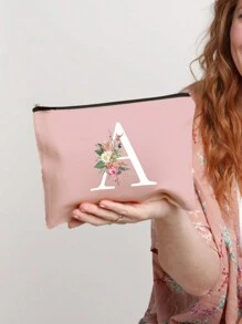 1pc Letter Initial Printed Cosmetic Bag, Pink Small Size, White A-Z Letter, Makeup Bag, Portable Toiletry Bag, Teacher's Day Gift, Reusable Makeup Bag, Women Minimalist Large Capacity Travel Makeup Bag - Pink - View 7
