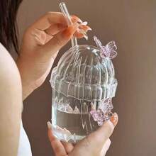 1pc 创意流行蝴蝶吸管杯带盖 Ins 风格蝴蝶果汁杯牛奶杯竖式蝴蝶杯 - 透明色 - 查看 12