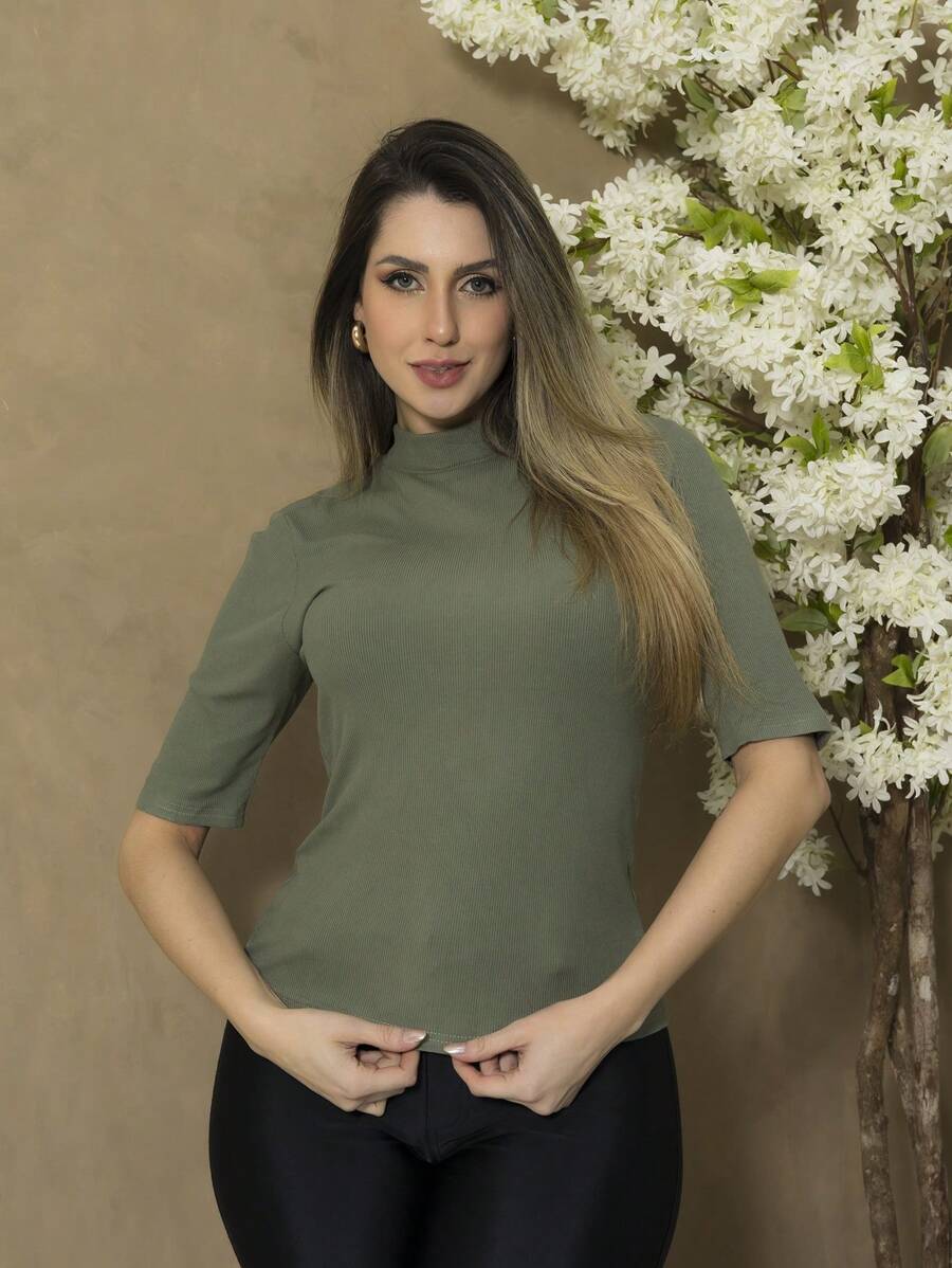 Imported Ribbed Turtleneck Blouse B741 - 軍綠色 - 查看 1