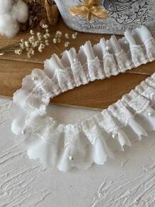 1入組白色珠鏈雙層雪紡珍珠折疊蕾絲邊服飾配件毛衣手工DIY材料 - 白色 - 查看 2