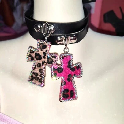 Y2K Shiny Crystal Leopard Cross Necklace For Women Sexy Jewelry Goth Choker Harajuku Charm Necklaces