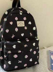 卡哇伊草莓印花背包 - 大容量学生书包，多隔层休闲尼龙旅行书包，配有毛绒吊坠 - 适合上学和通勤，书包，便携式，笔记本电脑隔层，大容量，适合少女