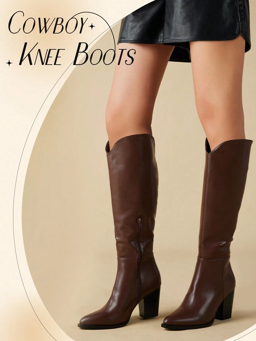 Women's Western Style Chunky Heel Boots,Knee High Boots Pointed Toe Tall Boots V-Calf Boots Fashionable And Versatile - Màu nâu Sô-cô-la - Xem 1