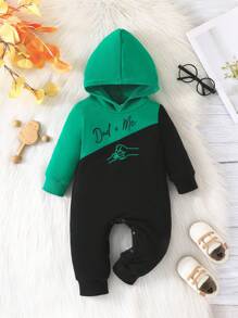 男婴简约字母图案撞色连帽连体衣 - 綠色 - 查看 1
