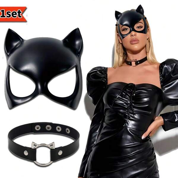 CyberPK 1 set di maschera nera da gatto sexy, regolabile, punk, gotica, collana, accessori per cosplay di Natale, Carnevale, festa, maschera per metà viso, accessori per mascherata