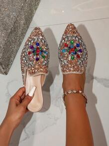 NICE 时尚领袖女士香槟色穆勒拖鞋，四季水晶装饰高端优雅女士休闲尖头平底拖鞋，时尚 - 粉色 - 查看 6