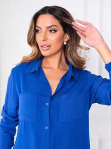 Women's Long Sleeve Shirts Elegant Black Plain Casual Shirt With 2 Pockets New Arrival - Xanh đậm - Xem 6