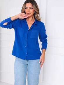 Women's Long Sleeve Shirts Elegant Black Plain Casual Shirt With 2 Pockets New Arrival - Xanh đậm - Xem 2