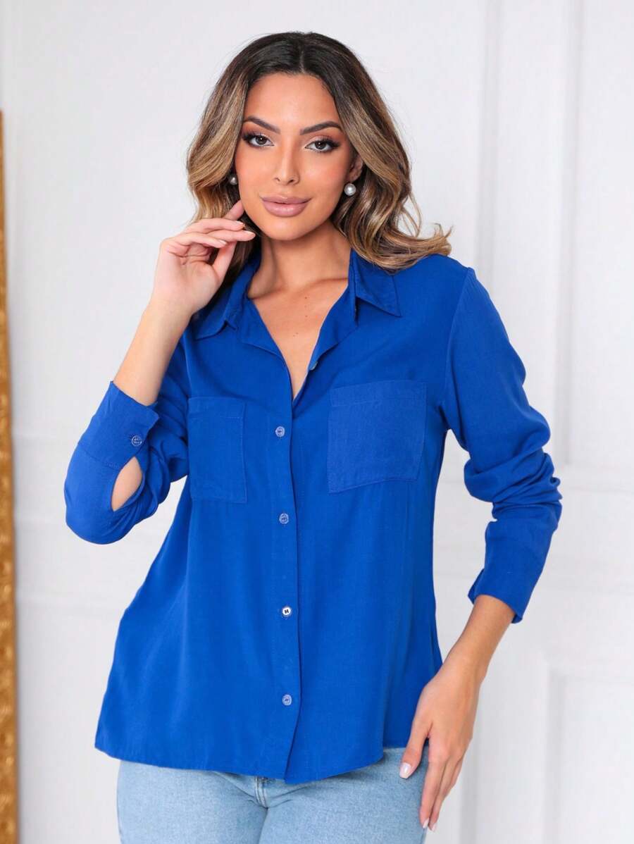 Women's Long Sleeve Shirts Elegant Black Plain Casual Shirt With 2 Pockets New Arrival - Xanh đậm - Xem 1