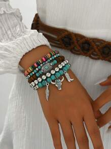 5pcs/Set Boho Style Wood Bead, Turquoise Leaf, Daisy, Bull Head & Bull Head Decor Bracelet For Women - Blue - View 7